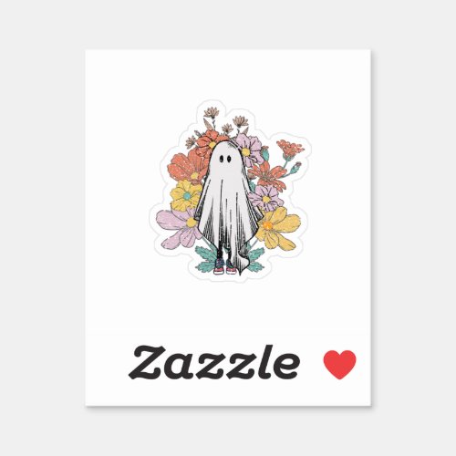 Cute Lonely Halloween Ghost with Flower Long Sleev Sticker
