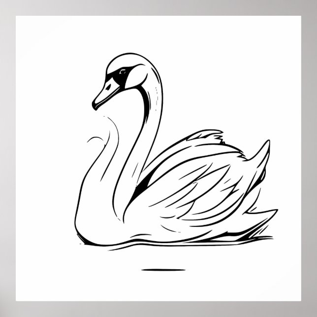 Cute Lonely White Swan Line Art Drawing Poster (Front)