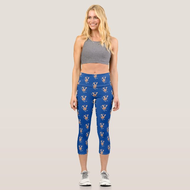 Cute long eared jerboa cartoon illustration capri leggings (Front)