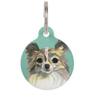 Cute Long Hair Chihuahua Dog Watercolor Portrait Pet Tag