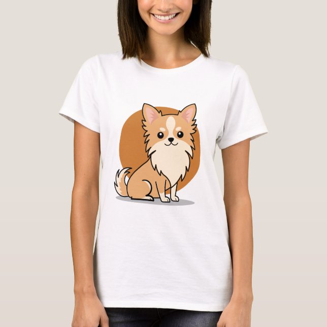 Cute Long Haired Chihuahua Dog Cartoon T-Shirt (Front)