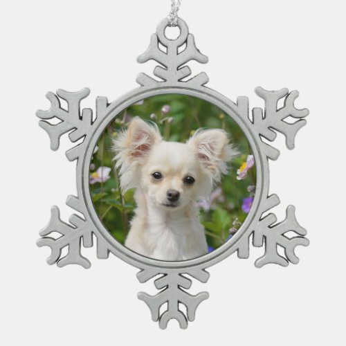 Cute long_haired cream Chihuahua Dog Puppy Photo  Snowflake Pewter Christmas Ornament