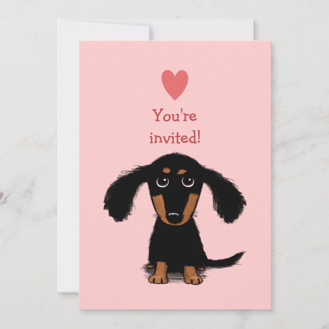 Cute Long Haired Dachshund Puppy Valentine's Party Invitation (Front)