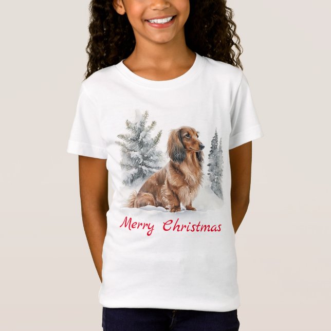 Cute Long Haired Dachshund Sausage Dog Christmas T-Shirt (Front)