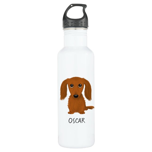 Cute Long Haired Red Dachshund with Custom Text Stainless Steel Water Bottle (Front)