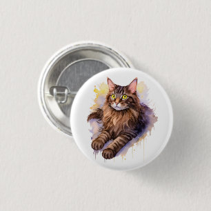 Cute Long Haired Tabby Cat Watercolor Illustration Button