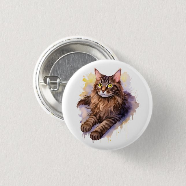 Cute Long Haired Tabby Cat Watercolor Illustration Button (Front & Back)