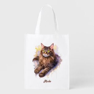 Cute Long Haired Tabby Cat Watercolor Illustration Grocery Bag
