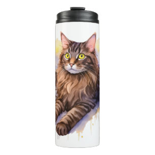 Cute Long Haired Tabby Cat Watercolor Illustration Thermal Tumbler