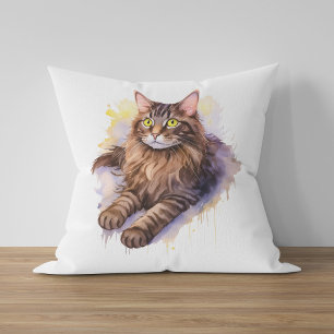 Cute Long Haired Tabby Cat Watercolor Illustration Throw Pillow