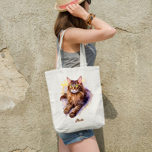 Cute Long Haired Tabby Cat Watercolor Illustration Tote Bag