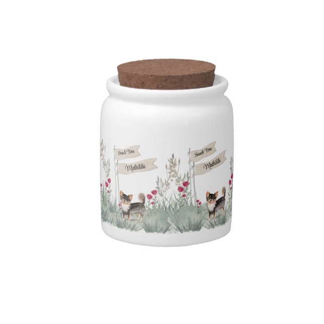 Cute Longhair Chihuahua Watercolor Snack Time Candy Jar (Front)
