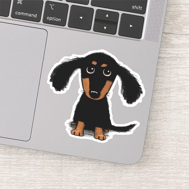 Cute Longhaired Black and Tan Dachshund Cartoon Sticker (Detail)