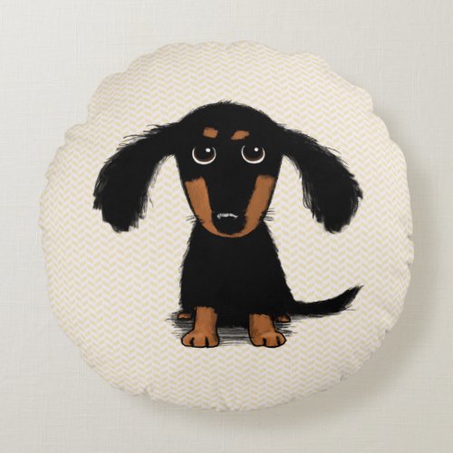 Cute Longhaired Black and Tan Dachshund Puppy Dog Round Pillow