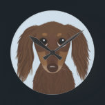 Cute Longhaired Chocolate Brown Dachshund Dog Round Clock<br><div class="desc">A cute wiener dog lover’s wall clock for home or office. Original drawing of a longhaired chocolate colored Dachshund. Check out Jenn’s Doodle World for even more dog breed decorative clocks and Doxie themed home decor.</div>