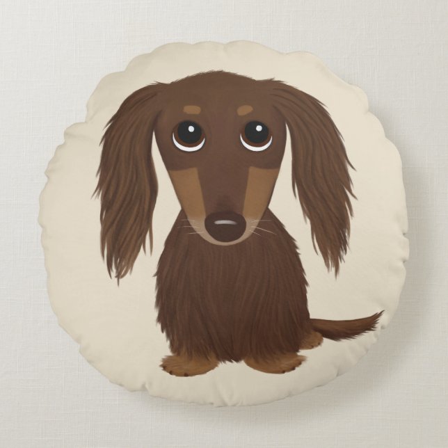 Cute Longhaired Chocolate Brown Dachshund Dog Round Pillow (Front)