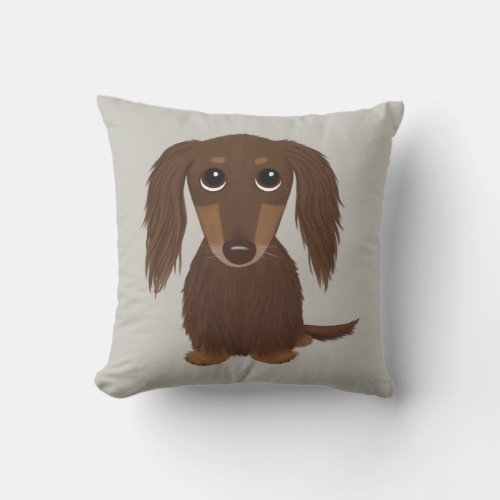 Cute Longhaired Chocolate Brown Dachshund Dog Throw Pillow