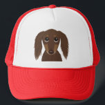 Cute Longhaired Chocolate Brown Dachshund Dog Trucker Hat<br><div class="desc">The perfect Doxie lover's hat. Cute cartoon style drawing of a longhaired chocolate colored Dachshund. Makes a great gift for wiener dog enthusiasts. Unisex size fits most teens and adults.</div>