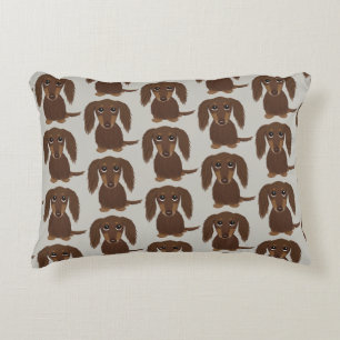 Cute Longhaired Chocolate Brown Dachshund Pattern Accent Pillow