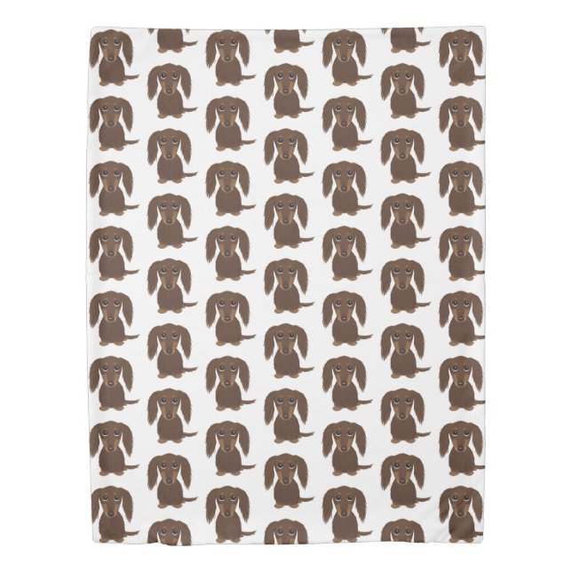 Cute Longhaired Chocolate Brown Dachshund Pattern Duvet Cover (Front)