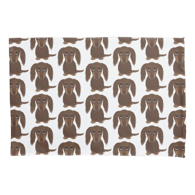 Cute Longhaired Chocolate Brown Dachshund Pattern Pillow Case (Front)