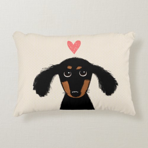 Cute Longhaired Dachshund Puppy Dog with Heart Decorative Pillow