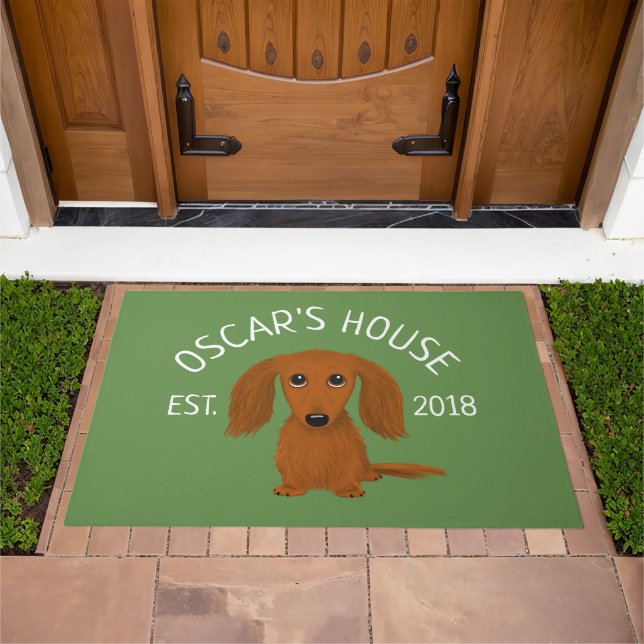 Cute Longhaired Red Dachshund | Wiener Dog Lover's Doormat (Outdoor)