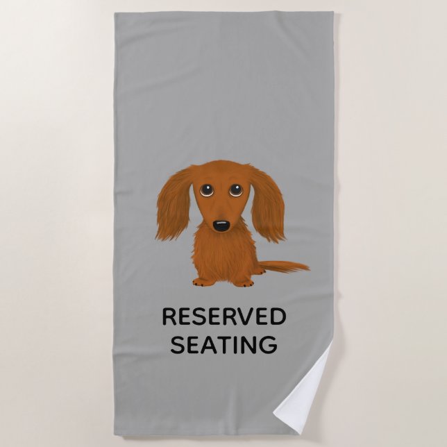 Cute Longhaired Red Dachshund with Custom Text Beach Towel (Front)