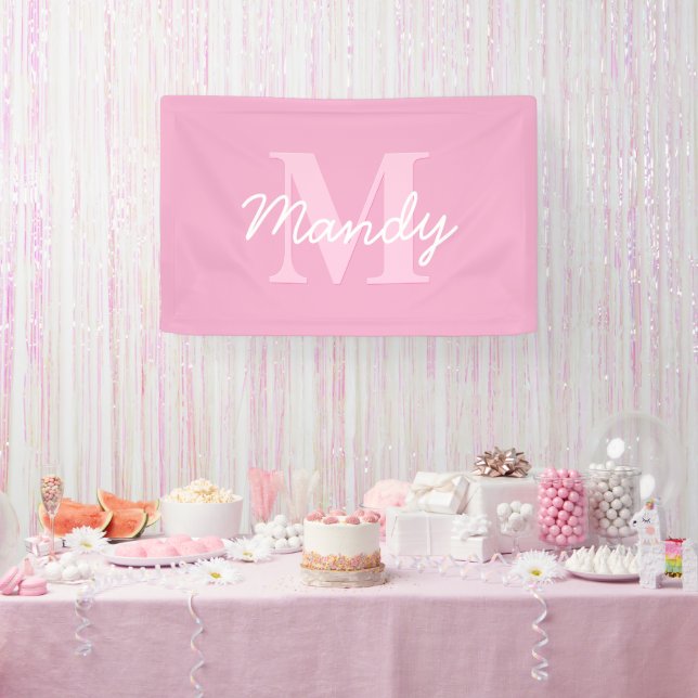 Cute Looking Cursive Name & Monogram | Pink Banner (Party)
