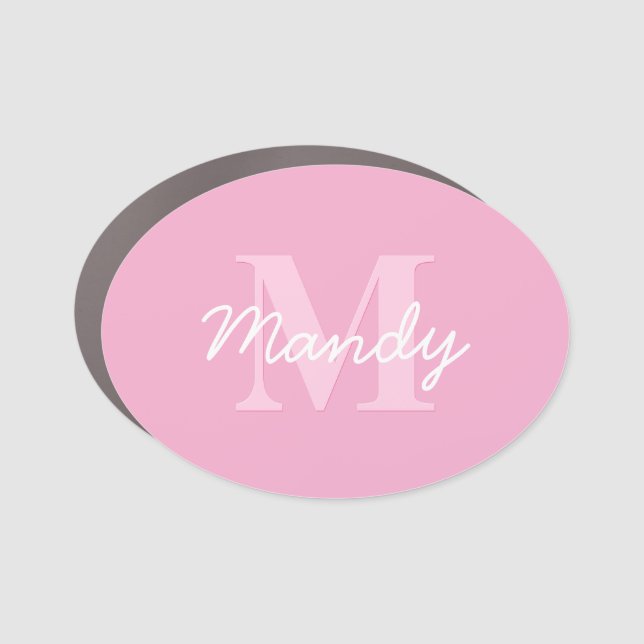 Cute Looking Cursive Name & Monogram | Pink Car Magnet (Front)