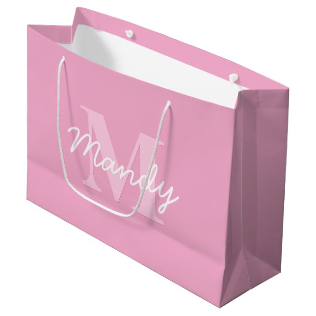 Cute Looking Cursive Name & Monogram | Pink Large Gift Bag (Front Angled)