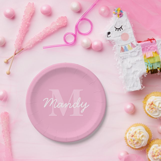 Cute Looking Cursive Name & Monogram | Pink Paper Plates (Party)