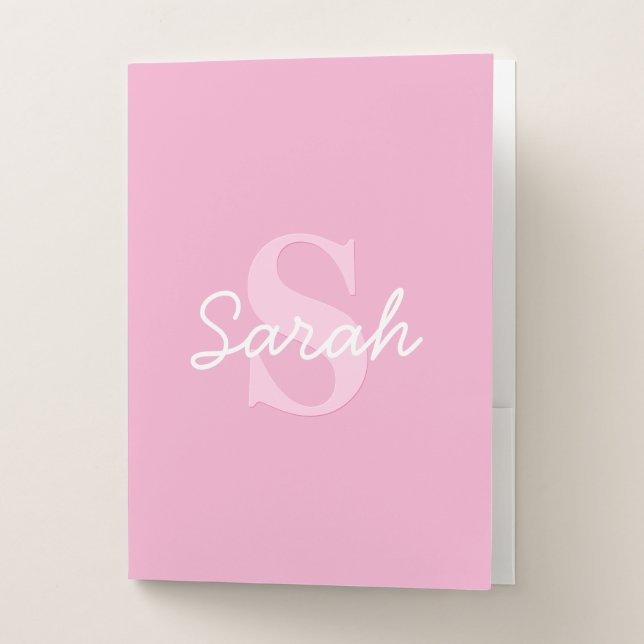 Cute Looking Cursive Name & Monogram | Pink Pocket Folder (Front)
