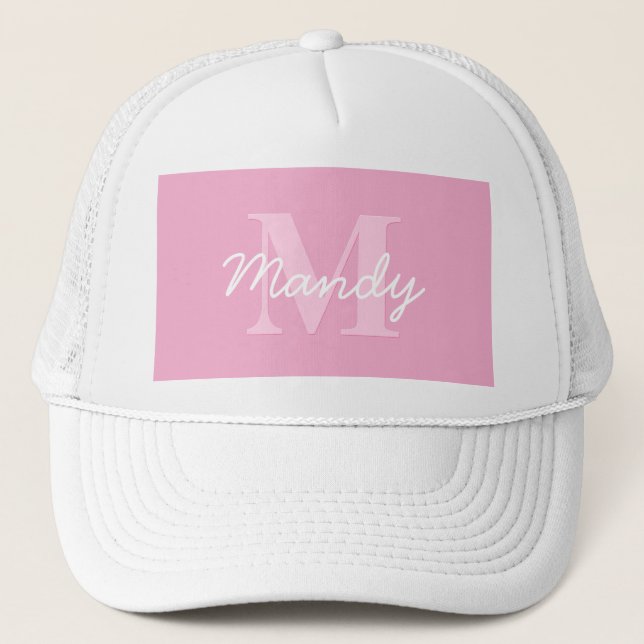 Cute Looking Cursive Name & Monogram | Pink Trucker Hat (Front)