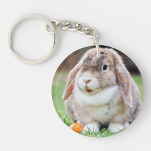 Cute Lop-Eared Rabbit in Grass with Carrot Keychain