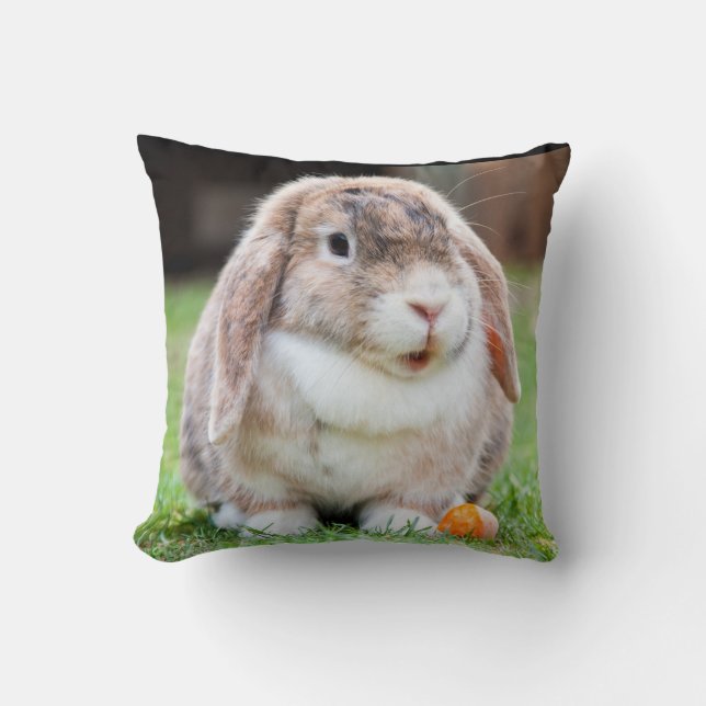 Cute Lop Eared Rabbit in the Grass with Carrot Throw Pillow (Front)