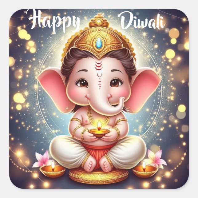 Cute Lord Ganesh Happy Diwali Square Sticker (Front)