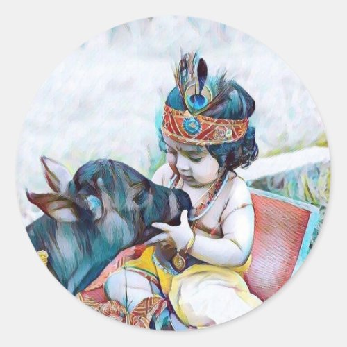 cute lord krishna with cow classic round sticker