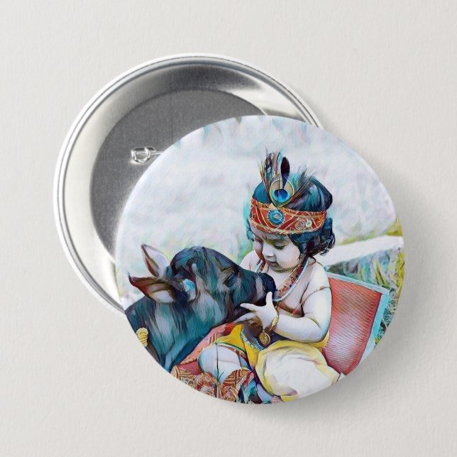 cute lord krishna with cow classic round sticker button (Front & Back)