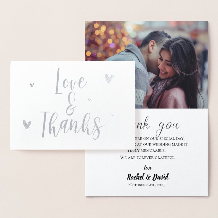 Cute Love and Thanks Photo Wedding Thank You Foil Card | Zazzle