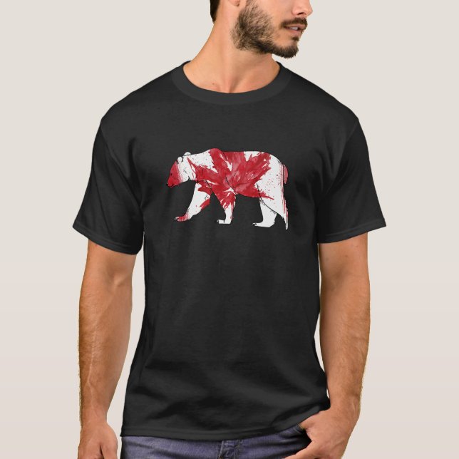 Cute Love Bear In Maple Leaf Canadian Flag Happy C T-Shirt (Front)