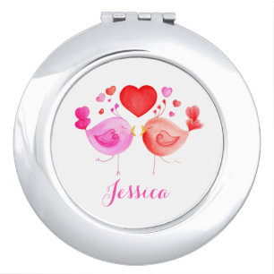 Cute love bird hearts art name mirror compact