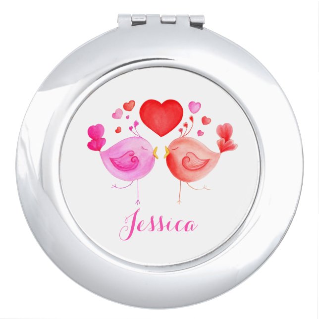 Cute love bird hearts art name mirror compact (Front)