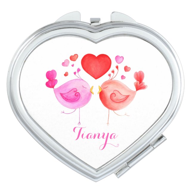 Cute love bird hearts art name mirror compact for makeup (Front)