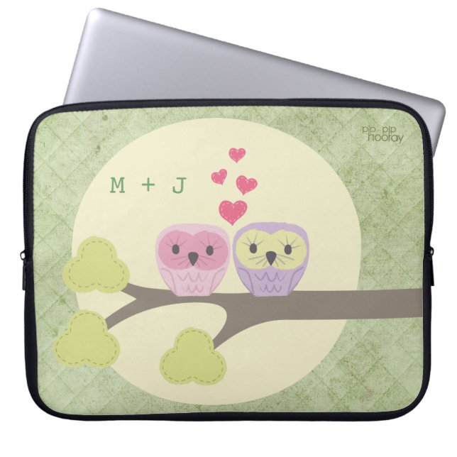 Cute Love Bird Owls Large Laptop Ipad Sleeve Bag (Front)
