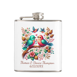 Cute love birds add name date Bride Groom  Flask