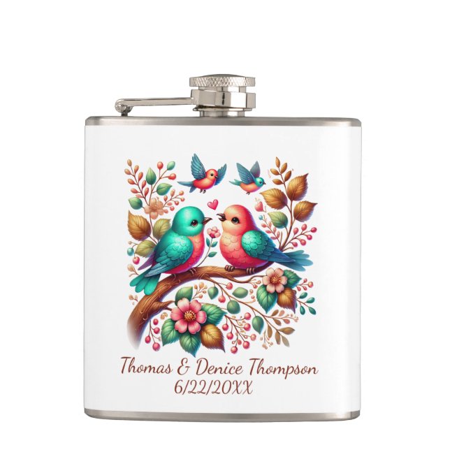 Cute love birds add name date Bride Groom  Flask (Front)
