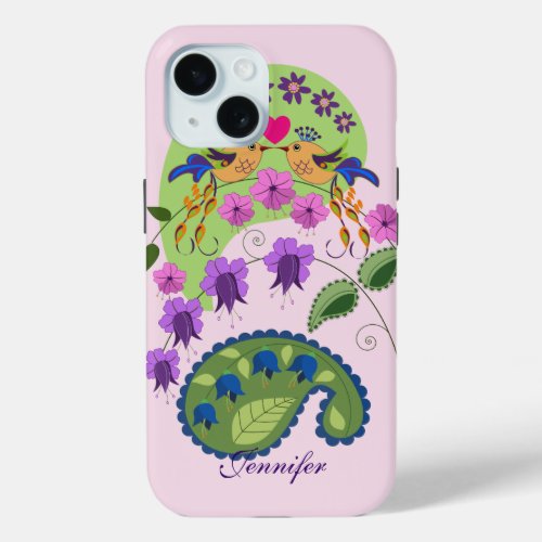 Cute Love Birds and custom Name iPhone 15 Case