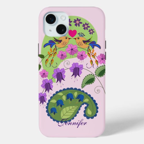 Cute Love Birds and custom Name iPhone 15 Plus Case