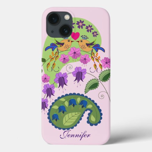 Cute Love Birds and custom Name iPhone 13 Case